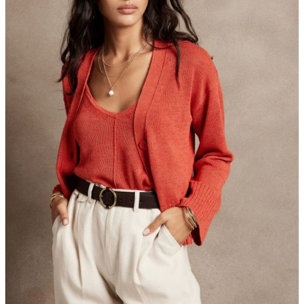 Banana Republic Ramie Rayon Cardigan Sweater Button-Front V-Neck Dune Red Size S